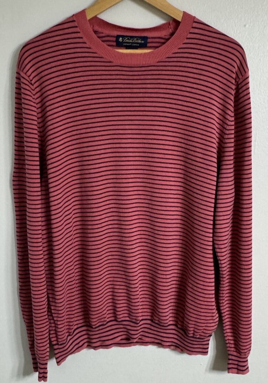 BROOKS BROTHERS Sweater Mens Large Striped Crewneck Supima Cotton Pull-Over Pink